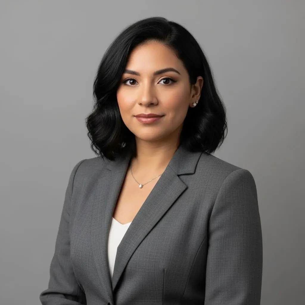 Operations manager in charcoal blazer against neutral backdrop