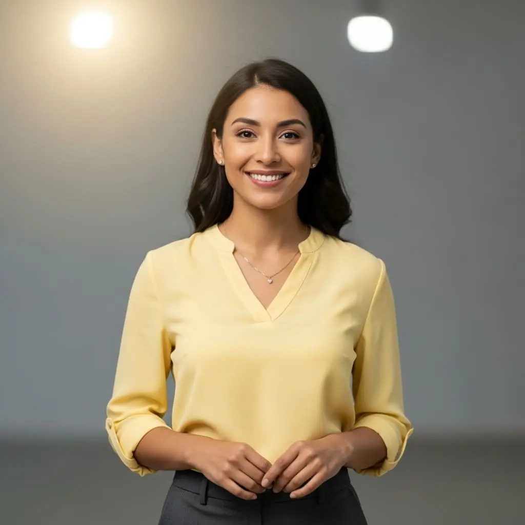 Professional woman in soft-yellow blouse, smiling confidently