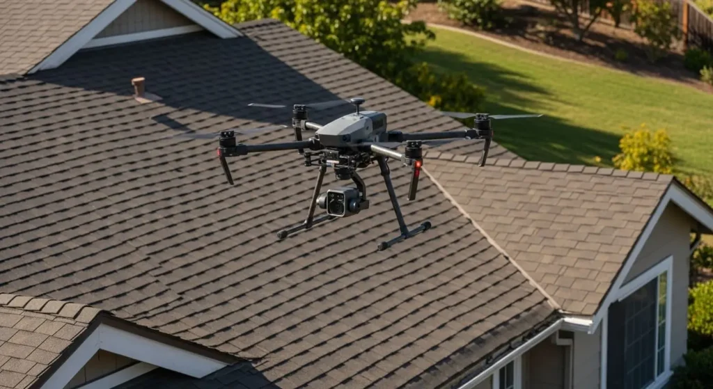 Drone conducting a detailed roof inspection as part of our roofing services, hovering above an asphalt-shingle home to spot damage without walking on the shingles.