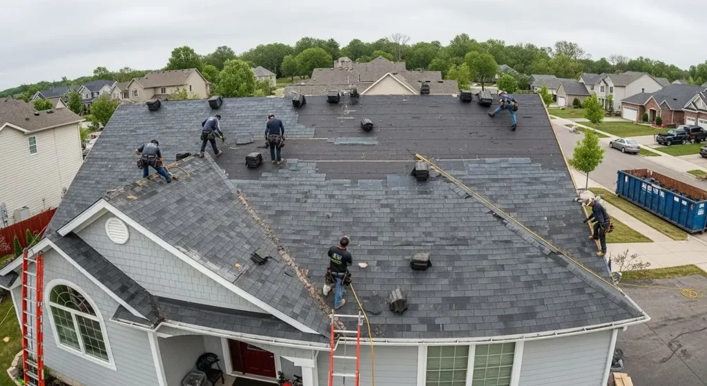 Crew performing partial asphalt-shingle tear-off and replacement on a Santa Maria house emergency roof repair.