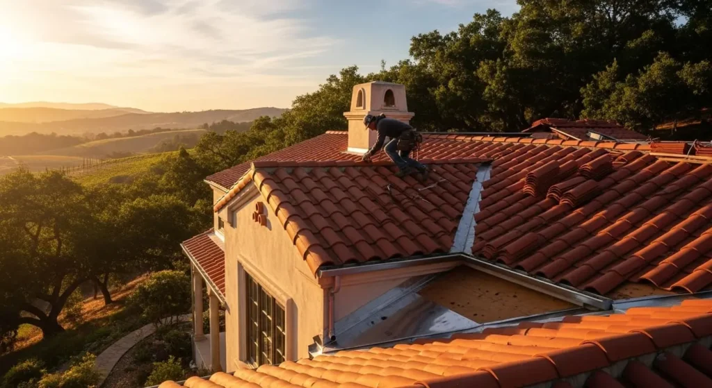 Roofer restoring Spanish clay tiles and valley flashing on hillside villa near Santa Maria vineyards