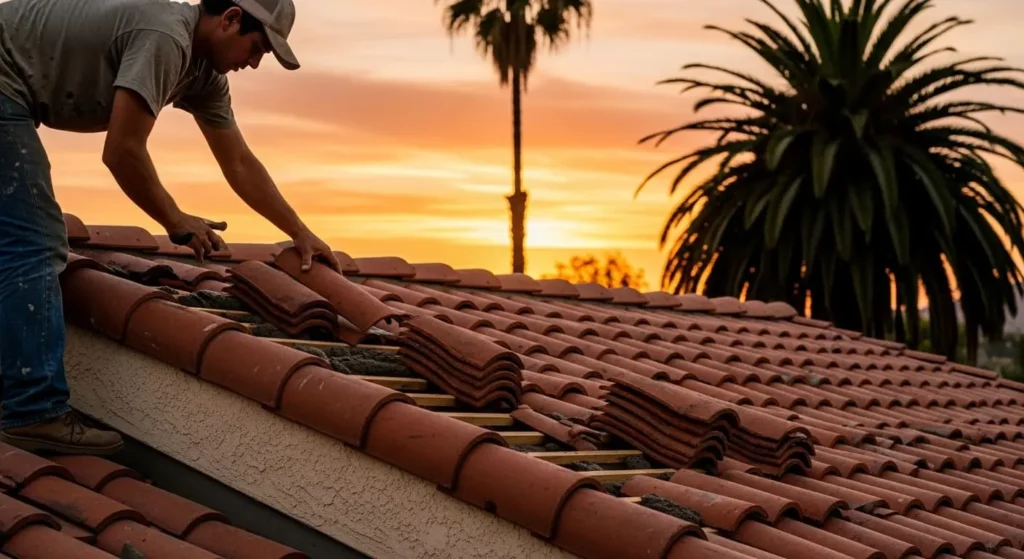 Roofer resetting clay barrel tiles at sunset with palm tree backdrop in Santa Maria, CA