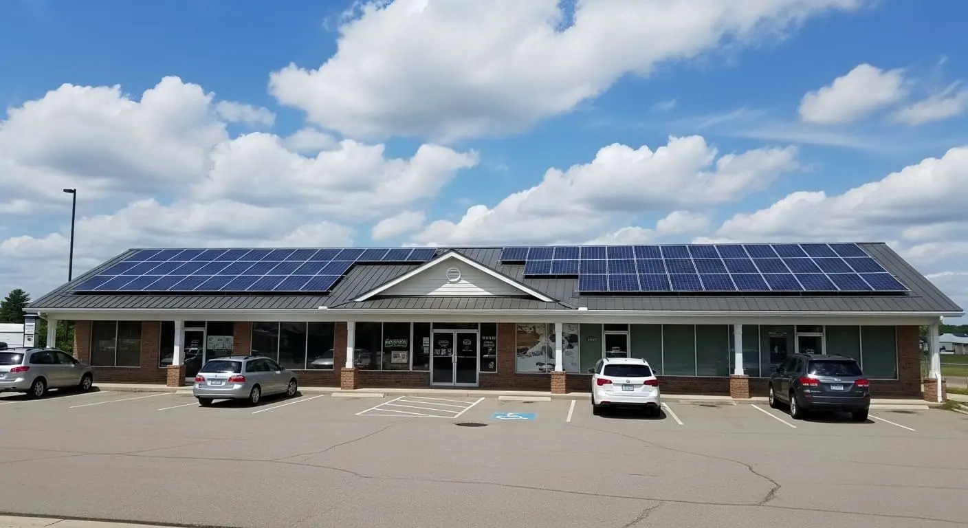 Commercial building in Santa Maria, CA with a ballasted rooftop solar mounting system across a flat metal roof, designed for maximum sun exposure without penetrations.