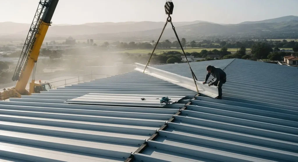 Worker installing standing seam metal roof panels in Santa Maria, CA