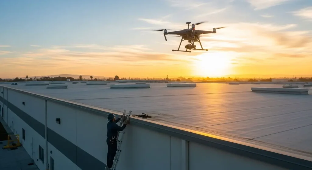 Drone inspecting flat commercial roof at sunset in Santa Maria, CA