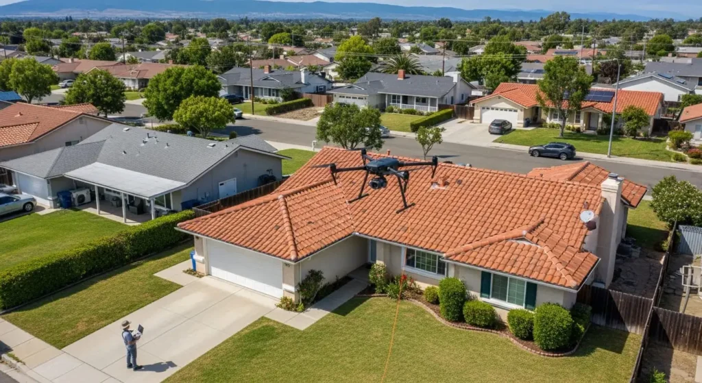 Drone performing detailed clay-tile roof inspection over Santa Maria subdivision
