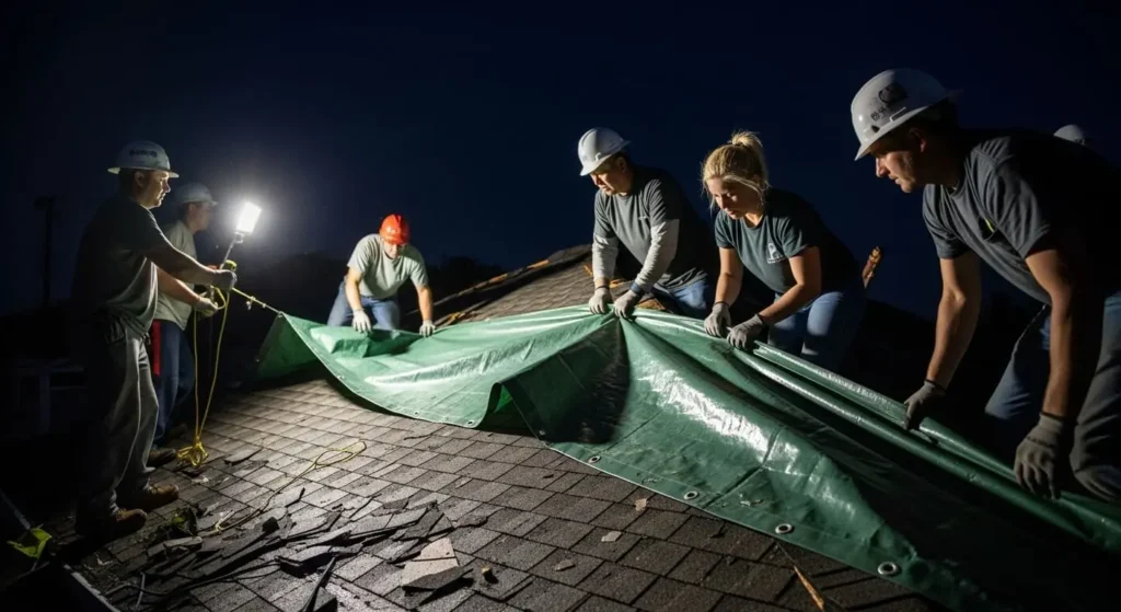 Nighttime emergency tarping crew securing storm-damaged shingle roof in Santa Maria, CA