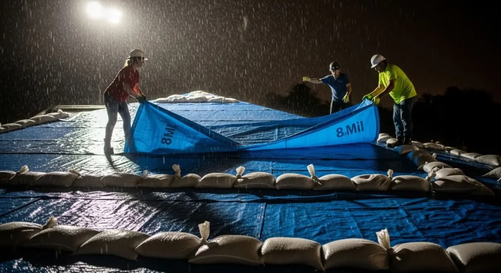 Crew securing heavy-duty blue tarp with sandbags on flat roof during night rain, Santa Maria, CA