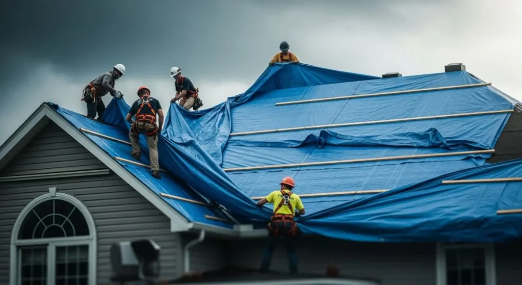 Workers draping and battening a blue tarp over storm-damaged residential roof in Santa Maria, CA