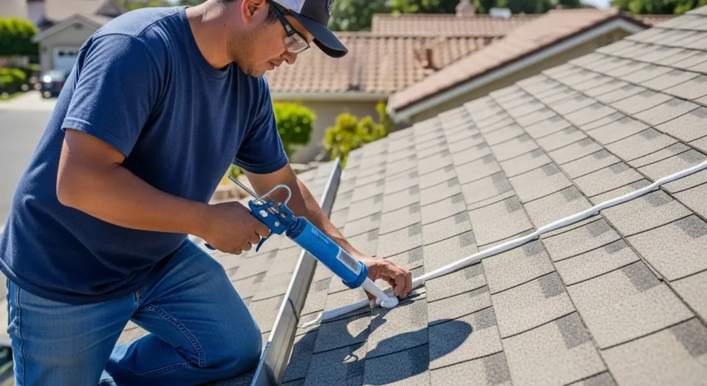 Technician applying emergency silicone sealant to a leaking shingle roof joint in Santa Maria, CA