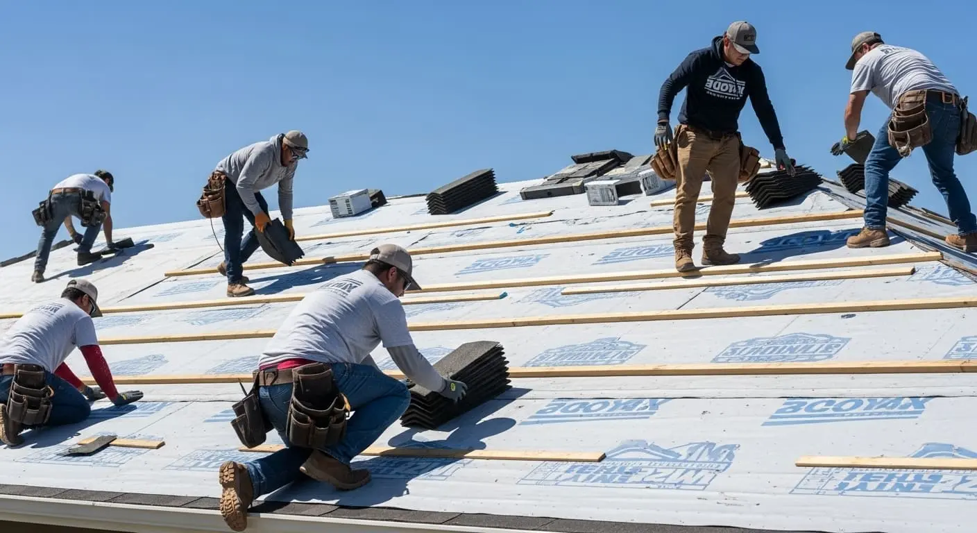 Santa Maria Roofing Masters crew nailing new architectural shingles at sunrise
