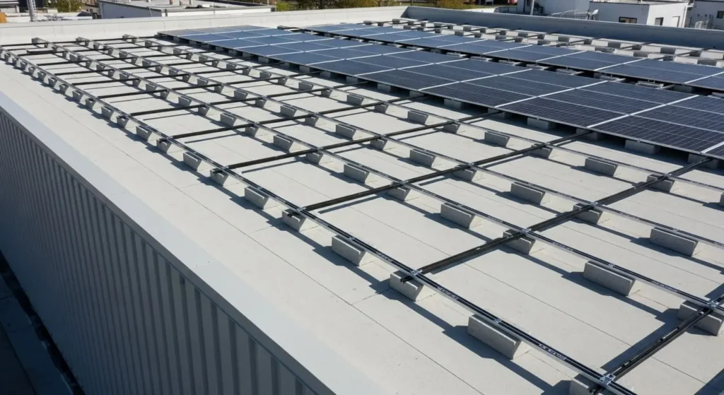 Commercial flat roof solar mounting system using ballasted racking in Santa Maria, CA, with partially installed photovoltaic panels and structural blocks.