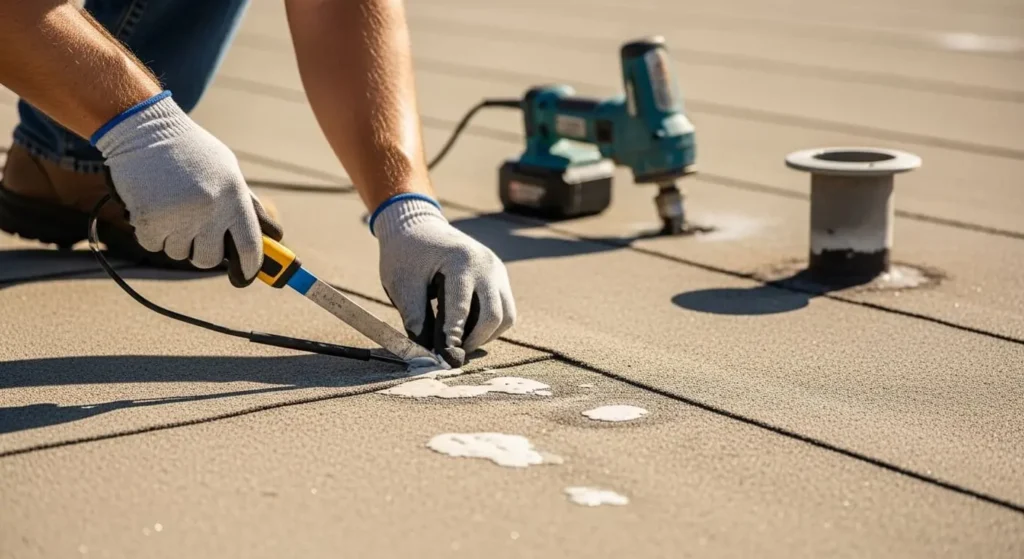 Close-up of roofer cutting and patching a membrane blister on a flat roof in Santa Maria, CA