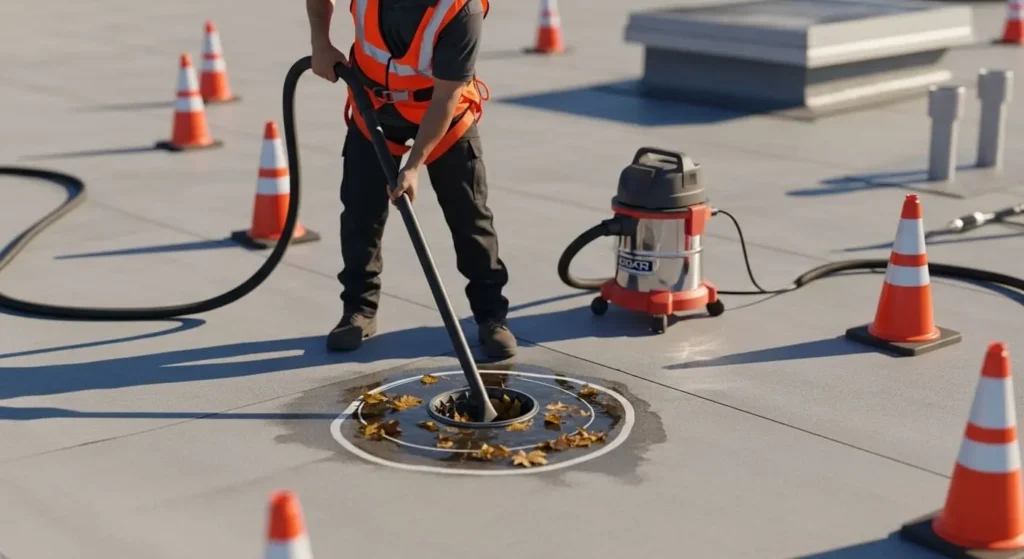 Technician cleaning flat roof scupper drain to prevent water buildup
