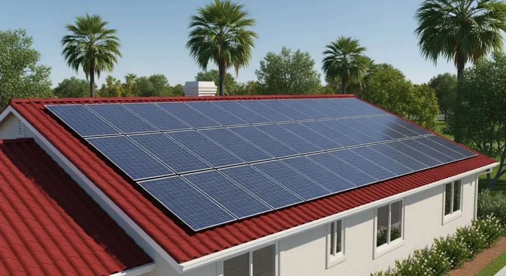 Flush-mounted solar panel system on red tile roof of a residential home in Santa Maria, CA, surrounded by palm trees and blue skies.