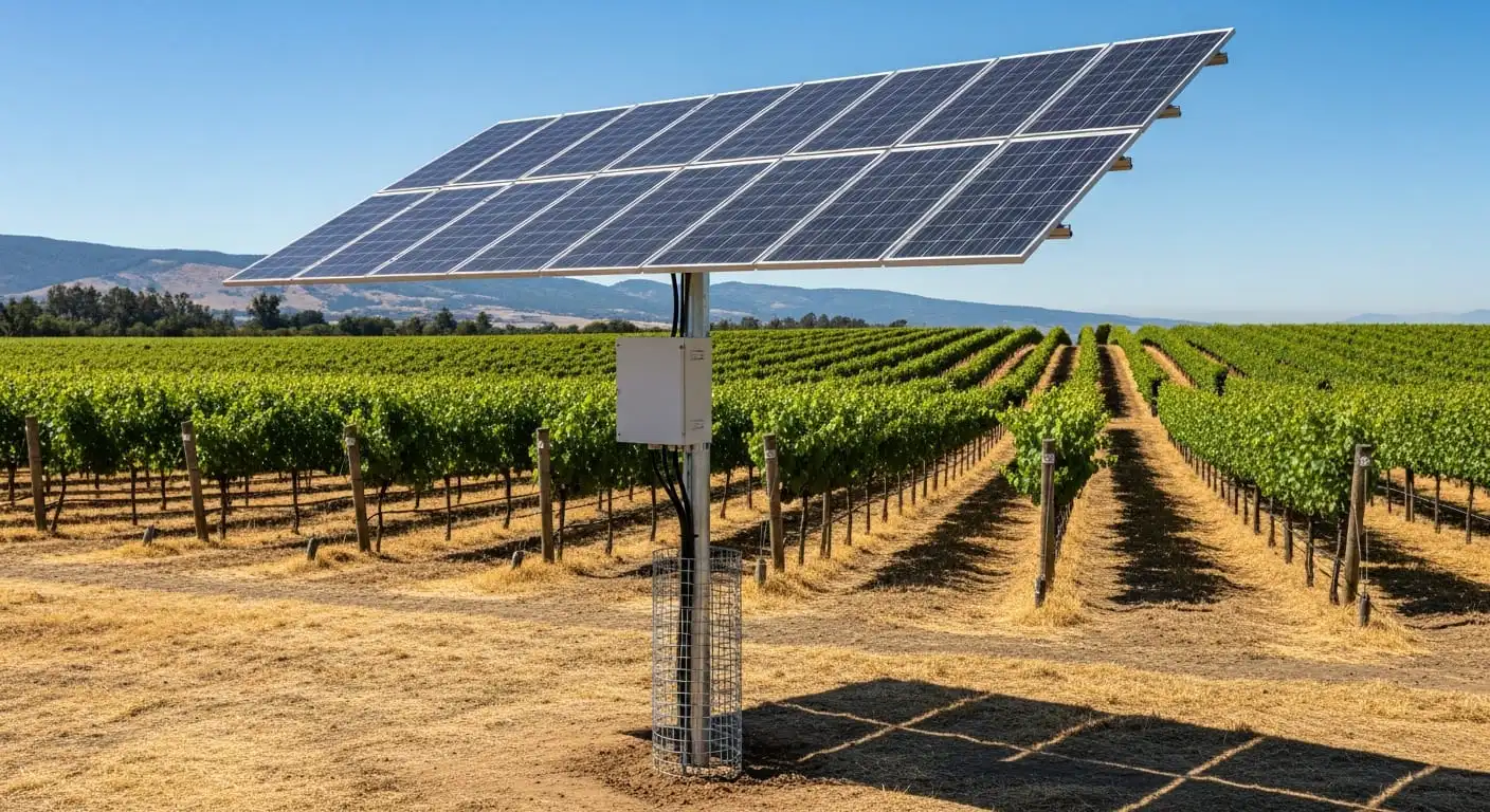 Ground-mounted solar panel system on galvanized steel poles installed in an Orcutt vineyard near Santa Maria, CA, featuring 16 bifacial panels elevated above vine rows with seasonal tilt adjustment and steel mesh wildlife protection at the base.