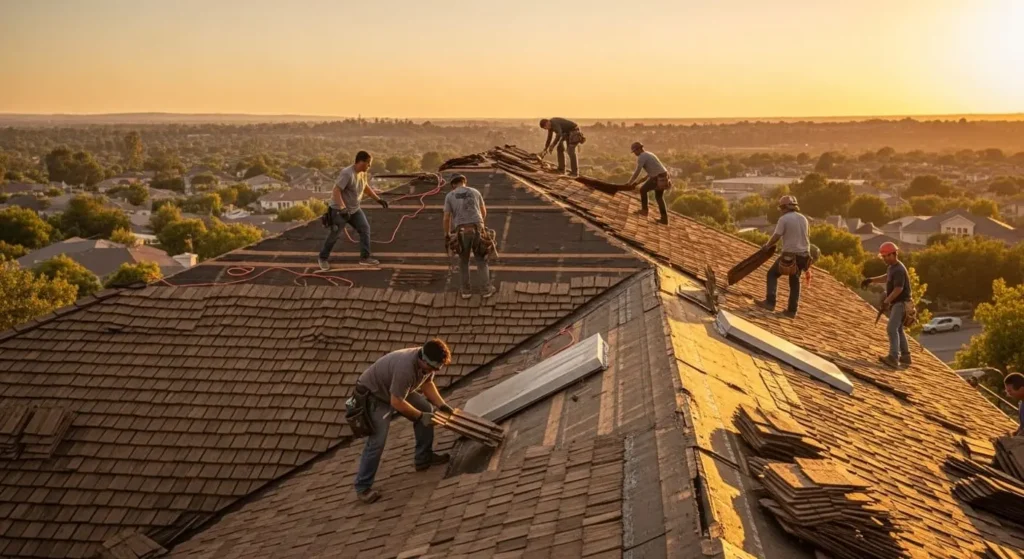 Crew removing cedar shakes for Class A fire-rated reroof at sunset