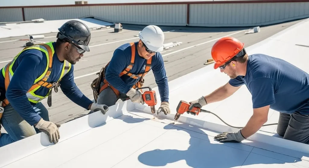 Crew installing and heat-seaming TPO membrane boots around curb on Santa Maria commercial roof