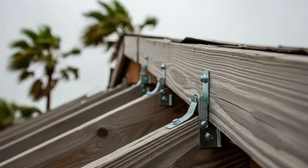 Close-up of hurricane ties securing rafters in coastal wind