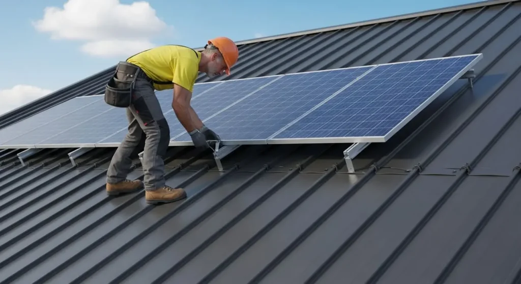 Installer attaching solar panels to standing-seam metal roof clamps