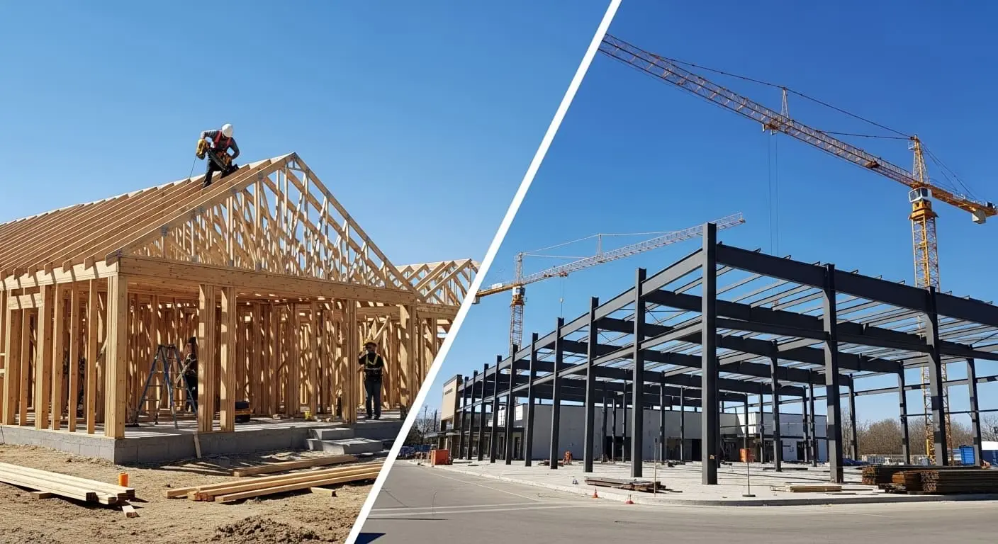 Side-by-side of new residential truss roof and commercial steel frame under construction