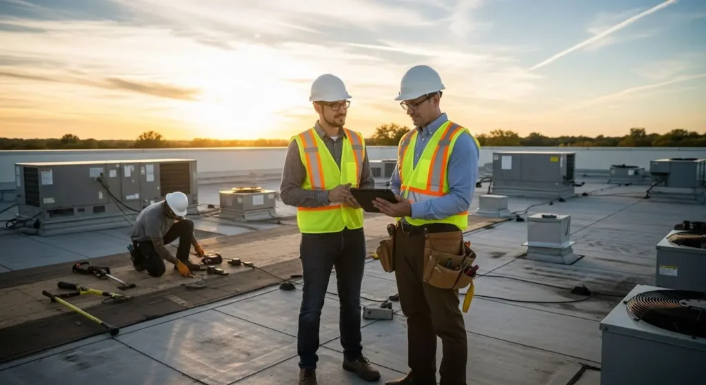 Commercial roof inspectors reviewing preventive-maintenance checklist at sunset in Santa Maria, CA