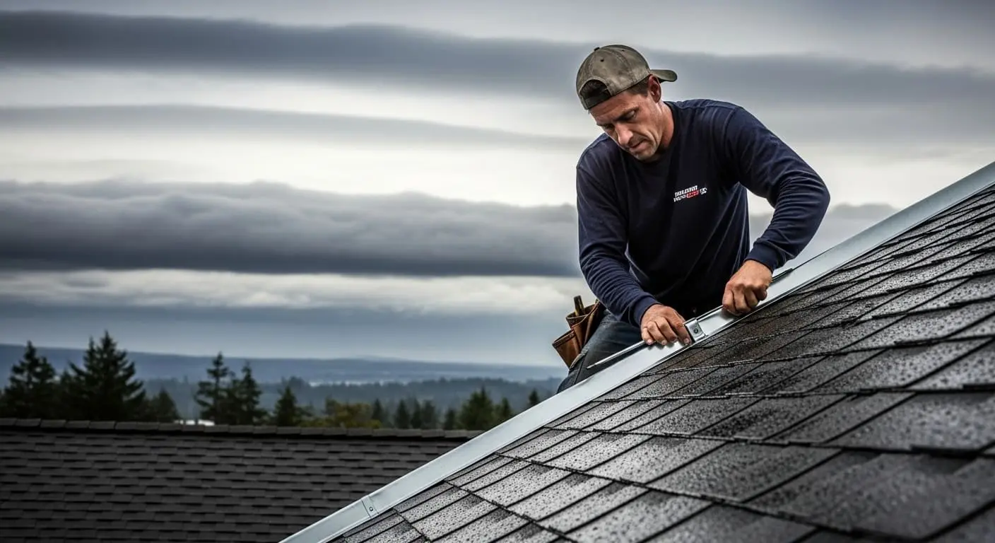 Roofer fastening new drip-edge flashing on wet shingle roof during stormy weather