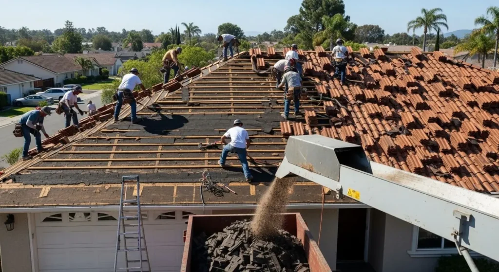 Crew removing old clay tiles during full roof replacement in Santa Maria, CA
