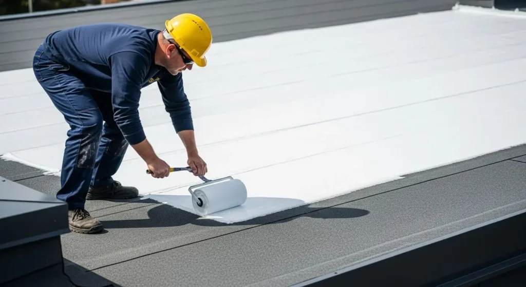 Technician rolling white reflective coating on a flat roof surface