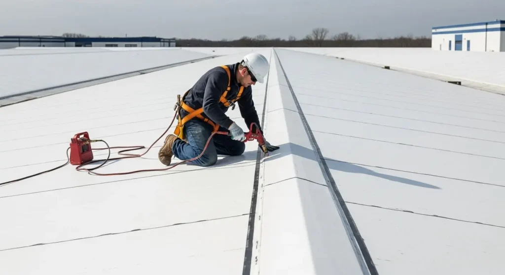 Technician heat-welding TPO seams on large commercial single-ply roof in Santa Maria, CA