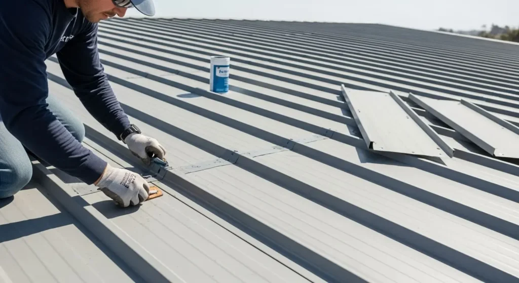 Roof specialist sealing standing-seam metal roof joints in Santa Maria, CA