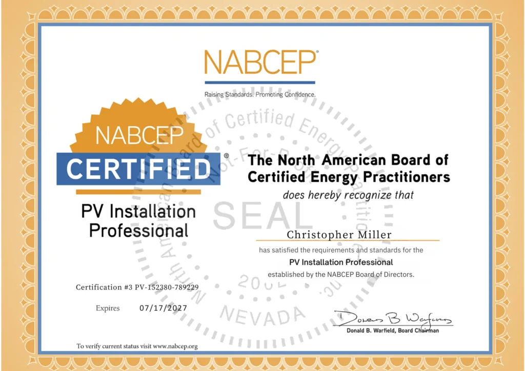 Official NABCEP certificate awarded to Christopher Miller, verifying certification as a PV Installation Professional with expiration in 2027.