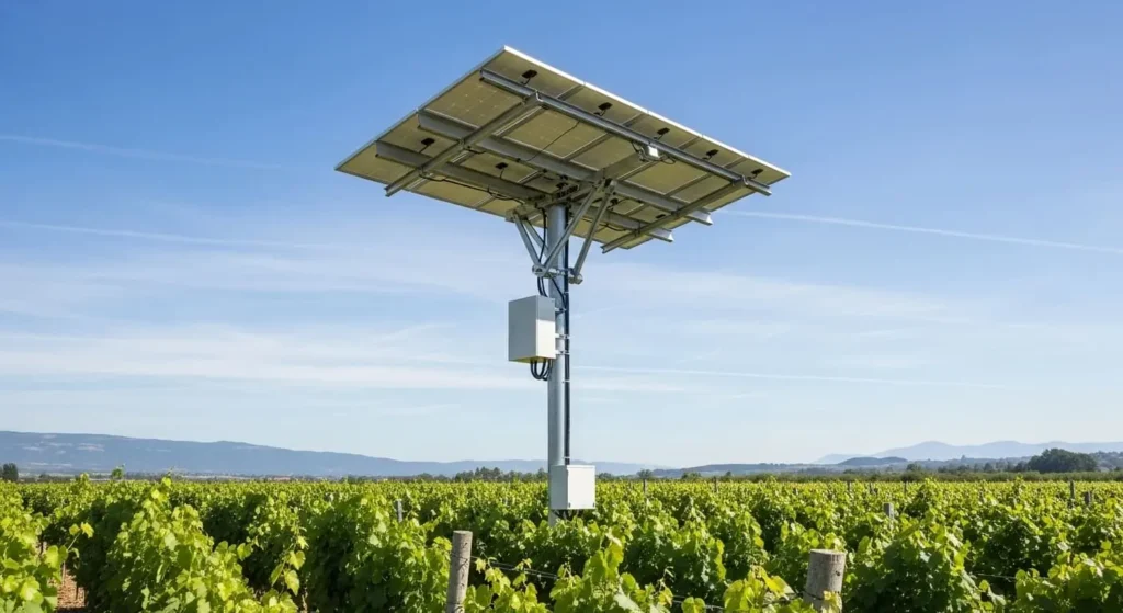 Single-pole solar panel mounting system installed in an agricultural field near Santa Maria, CA, designed for off-grid or remote solar applications.