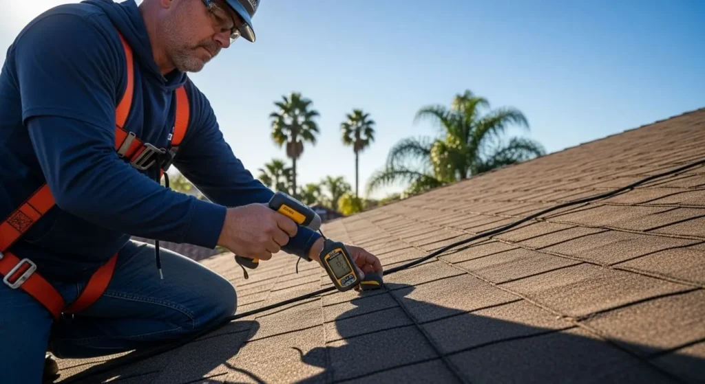 Roofer performing rapid moisture scan with digital meter on an asphalt roof in Santa Maria, CA