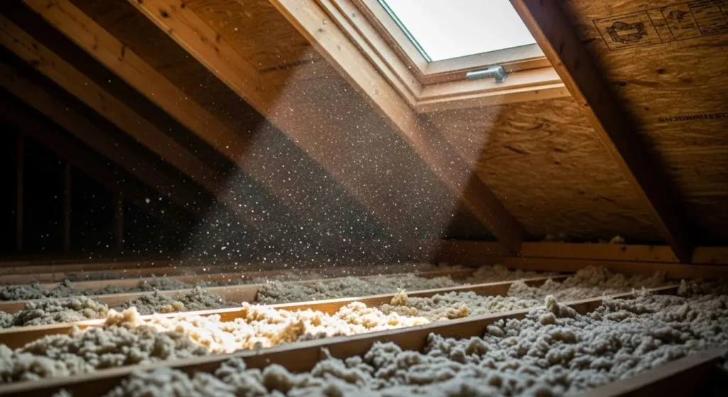 Blown-in attic insulation beneath roof deck and skylight in Santa Maria, CA