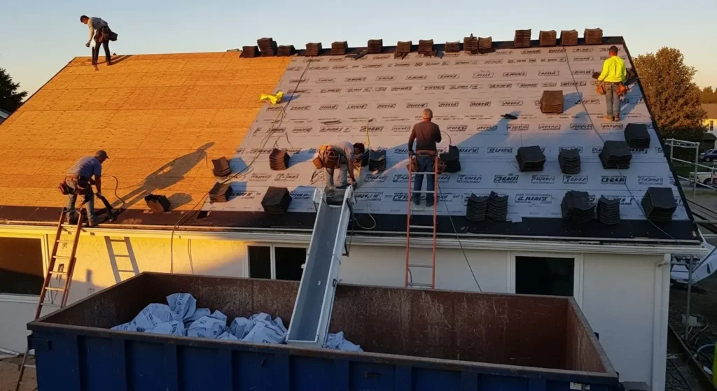 Full asphalt-shingle tear-off and roof replacement underway on Santa Maria home