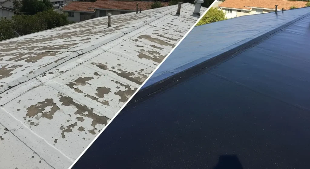 Before-and-after roof deck waterproof coating restoration