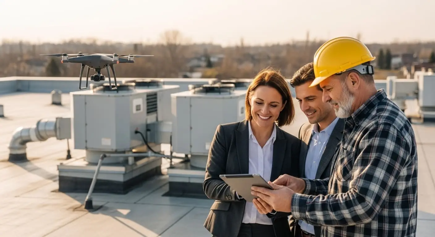 Commercial roofing contractor using a drone and tablet for roof inspection in Santa Maria, CA