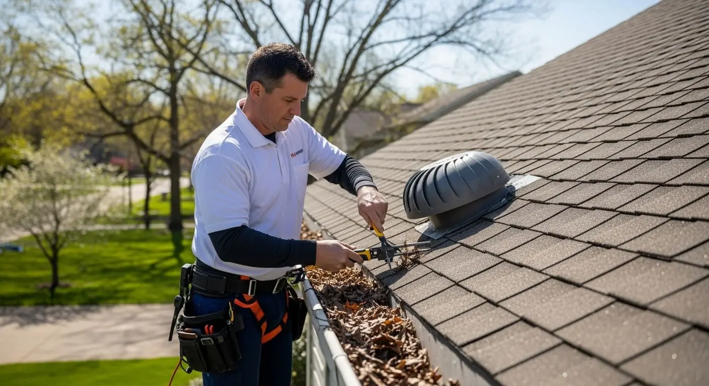 Technician cleaning gutters and checking roof vents during routine maintenance in Santa Maria, CA