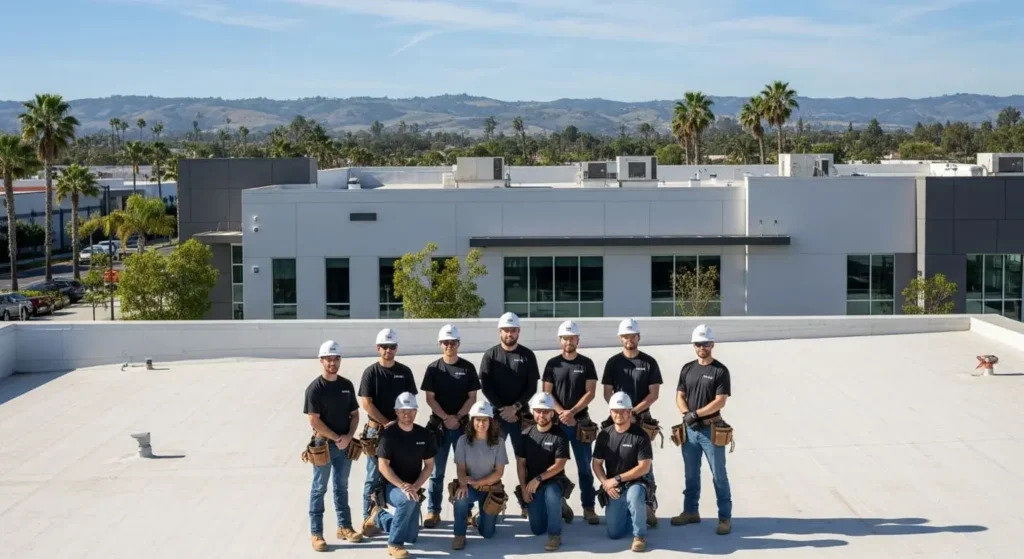 santa maria roofing masters crew posing on a new commercial roof installed.