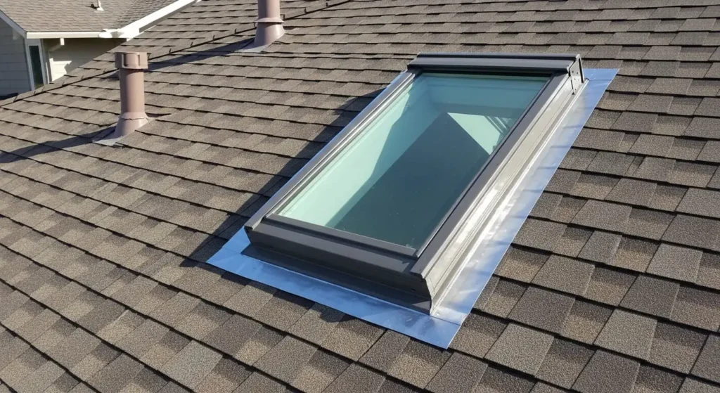 New curb-mounted skylight with fresh flashing on asphalt-shingle roof