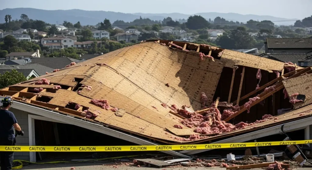 Collapsed plywood roof decking with caution tape after structural failure, Santa Maria, CA