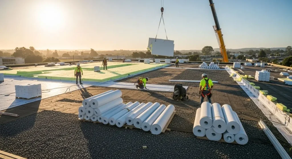 Crew performing a commercial roof retrofit and insulation installation in Santa Maria, CA