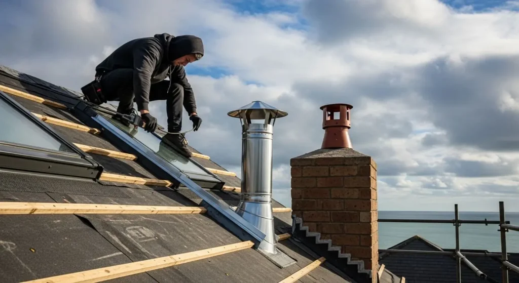 Roofer installing step flashing around skylight and chimney on Santa Maria roof