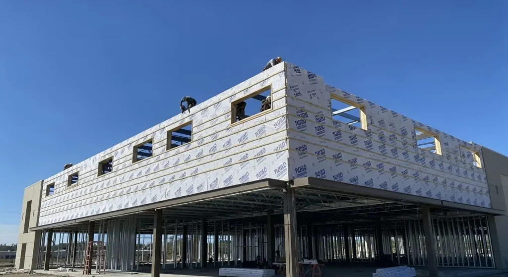 New commercial building under construction with roof deck installation in Santa Maria, CA