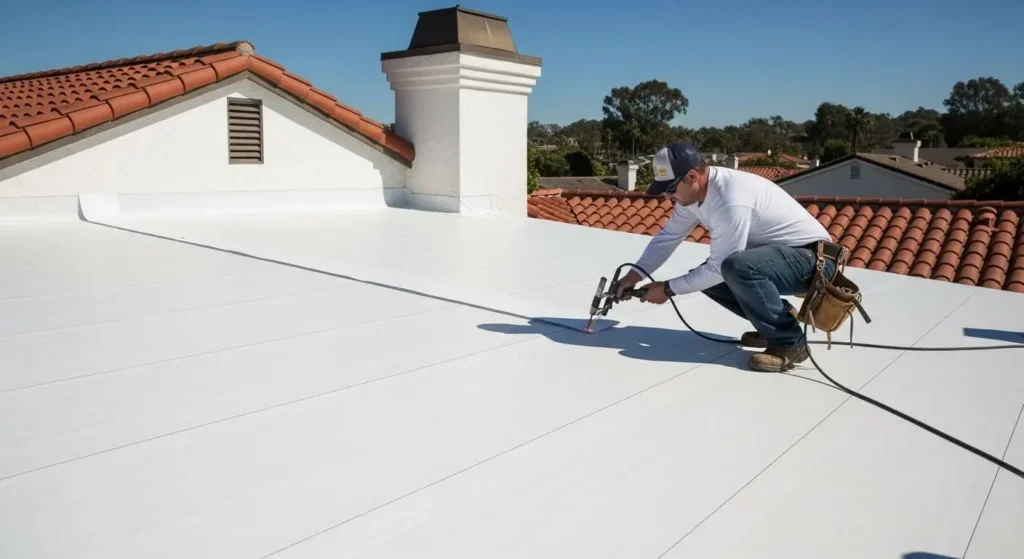 Contractor heat-welding TPO membrane seams on flat patio roof in Santa Maria, CA