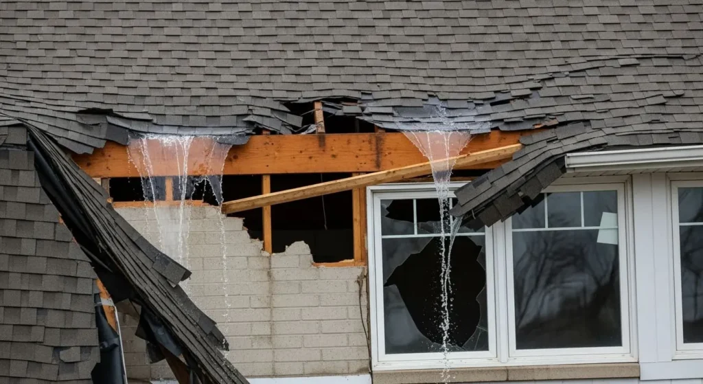 Storm-damaged shingle roof with water pouring through broken section in Santa Maria, CA