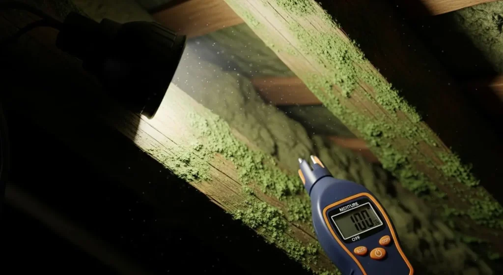 Moisture meter showing 100 % and green mold on attic rafters in Santa Maria, CA