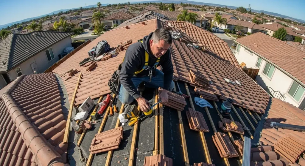 Roofer resetting displaced clay tiles during emergency repair on a Santa Maria home