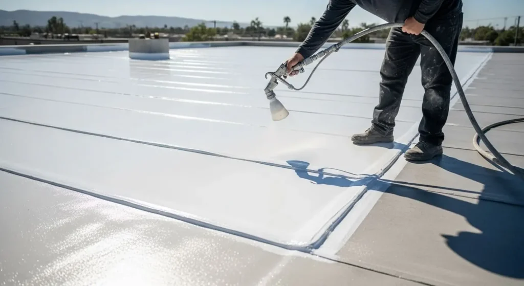 Technician applying silicone elastomeric roof coating in Santa Maria, CA